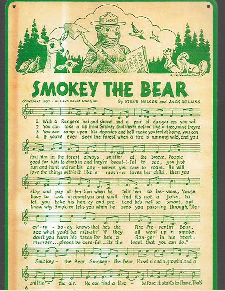 SMOKEY THE BEAR SONG - Sheet Music - Tin Sign 12'' X 8'' NEW - FREE SHIPPING - Image 1 of 1