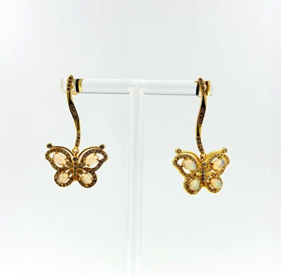 Cabochon Opali & Zirconi 40x20mm Orecchini Pendenti Argento 925 Placcato Oro Box - Immagine 1 di 4