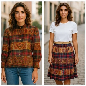 Vintage 1980er Gloria Sachs 2-teiliges Seidenbluse und Plissee Midirock Set Größe M - Bild 1 von 16