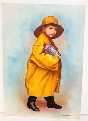 Vtg 1902 Nabisco Uneeda Advertising Ad Art Trade Card Yellow Raincoat Boy 10X7 - Image 1 of 4