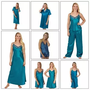 Ladies Sexy Teal Blue Long Satin Chemise PJs Pyjamas Set Nightdress PLUS SIZE - Picture 1 of 12
