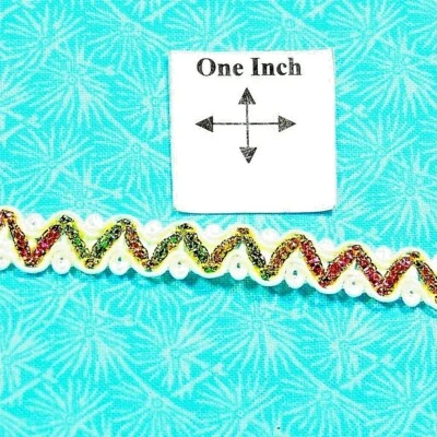 Fabric Trim Ivory With Rainbow Metallic Zig Zag Fabric Trim, 3/8" W, 2 Yards - Image 1 of 3