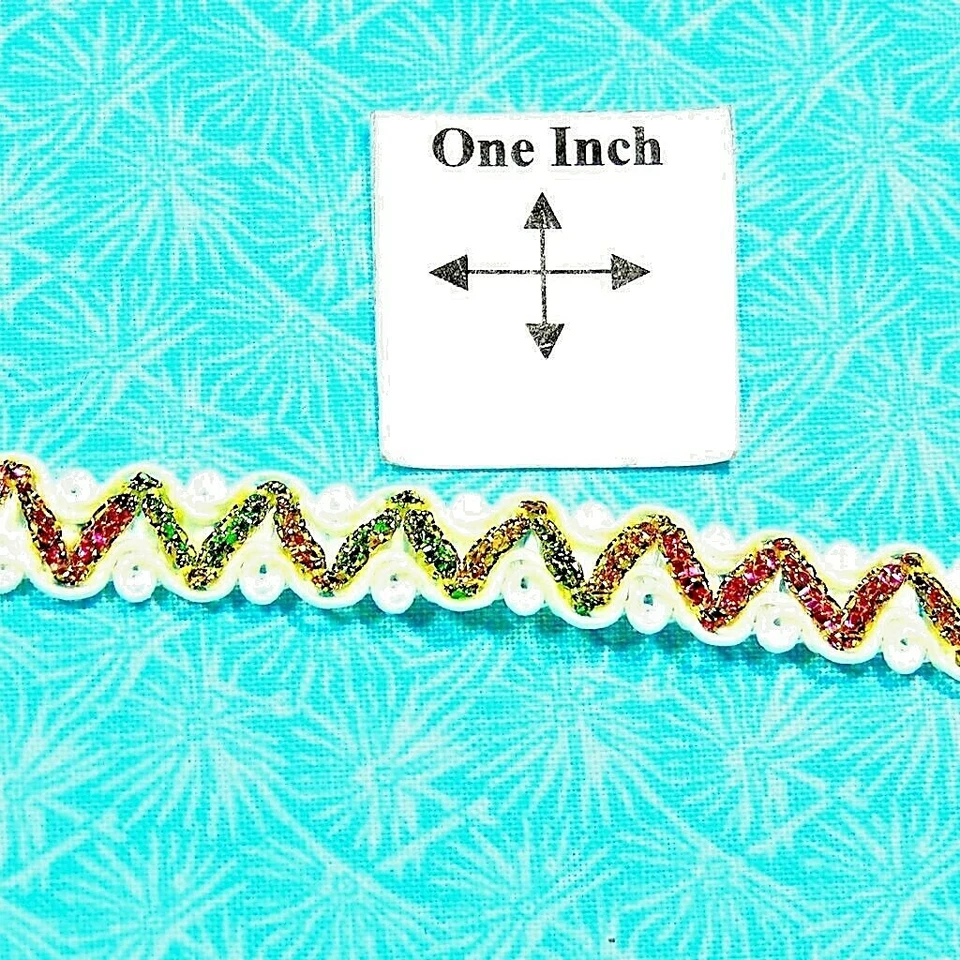 Fabric Trim Ivory With Rainbow Metallic Zig Zag Fabric Trim, 3/8" W, 2 Yards - Image 1 of 3