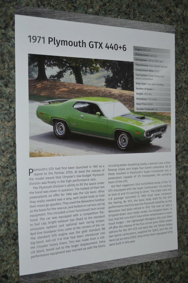 1971 Plymouth GTX 440 + 6 информация спецификации лист фото функция печати 71 4 - Изображение 1 из 1