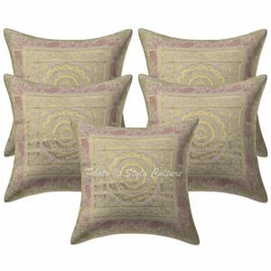 Cotton Indian Brocade Pillow Cases 16" Ethnic Set Of 5 Jacquard Cushion Covers - Picture 1 of 5