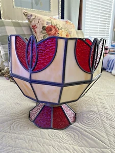 Large 17" Vtg Leaded Stained Slag Textured Glass Hanging Red Caramel Lamp Shade - Picture 1 of 7