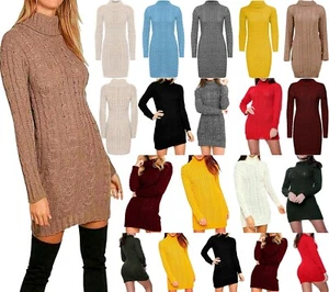 Womens Polo Neck Chunky Cable Knitted Jumper Long Sleeve Pullover Tunic Dress - Picture 1 of 19
