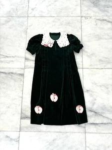 Women’s Vintage Velvet Dress Apple Embroidery Green Pleated Cottagecore Small - Picture 1 of 11