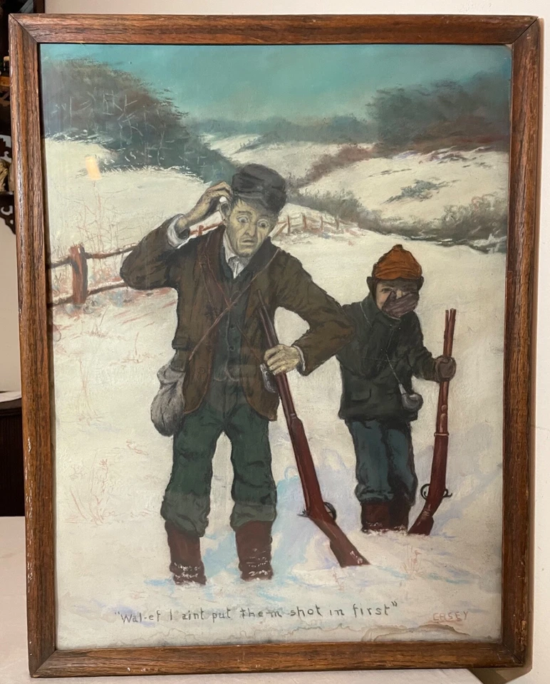 antiguo original Casey hombre y niño caza nieve pastel dibujo pintura arte popular Foto 1 de 4