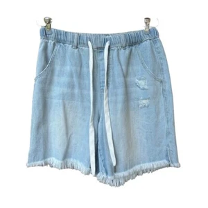 Risen Jeans Denim M High Rise Drawstring Distressed Fringe 7" Shorts - Picture 1 of 9