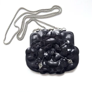 BRIGHTON Black Leather Floral Rosalie Clutch Coin Purse Mini Bag With Chain - Picture 1 of 6