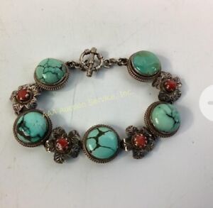 Bracelet vintage Navajo argent sterling turquoise et corail bijoux magnifiques 