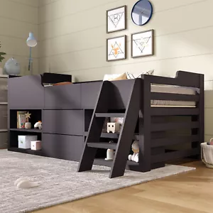 Kids Wooden Cabin Bed Mid Sleeper Bed Frame Storage Bed w/ Drawers & Shelves ZE - Picture 1 of 14