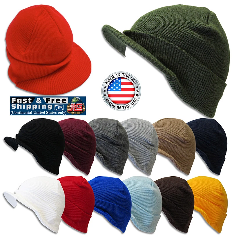 Visor Bill Beanie Cuff Knit Cap Ski Hat Winter Skull Unisex Thick Made in USA - Image 1 of 1