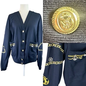 Vintage Nautical Anchor Chain Embroidery Oversized Gold Button Front Cardigan XL - Picture 1 of 15