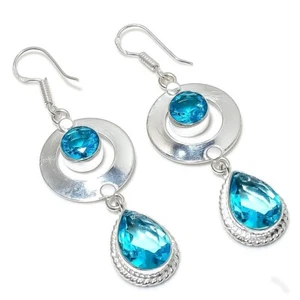 Aquamarine Gemstone Handmade 925 Sterling Silver Jewelry Earring Size 2.50" - Picture 1 of 1