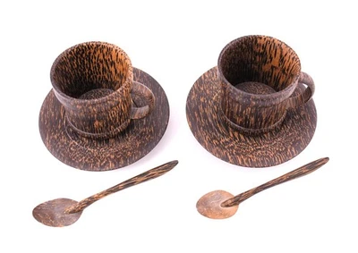 Lote de 2 tazas y platillos artesanales de madera de coco con juego de cuchara nunca usados de colección Foto 1 de 4