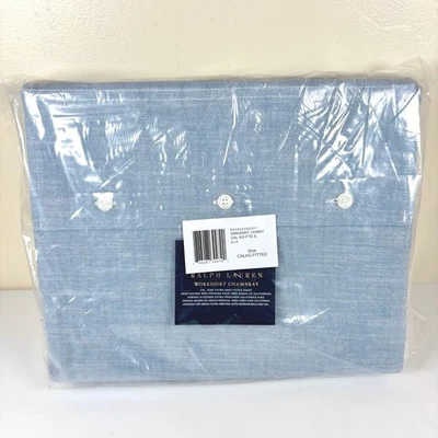Ralph Lauren Workshirt Chambray Cal King Xtra Deep Fitted Sheet Blue Cotton NEW - Image 1 of 4