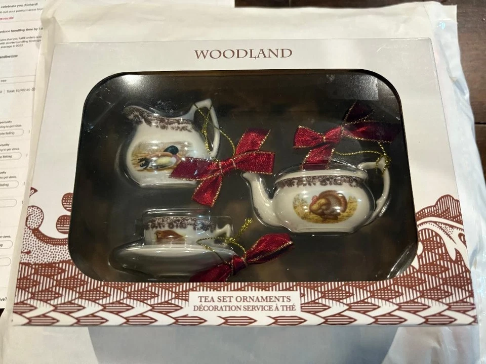 Spode "Woodland" Tea Set Ornaments S/3 Portmeirion Teapot Creamer Cup Saucer NEW - Image 1 of 1