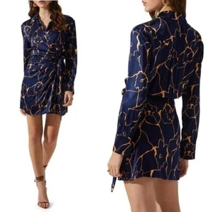 ASTR The Label Brielle Wrap Dress Medium Navy Floral Satin Long Sleeve Mini - Picture 1 of 7
