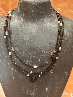 Gargantilla de plata de ley 925 perlas ámbar concha de cuentas de semillas 3 hilos 15" collar UE Foto 1 de 4