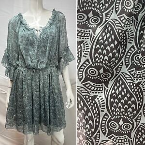 Akiko Small Owl Print Silk Modal Tunic Gray Ruffle Peasant Dress Anthropologie