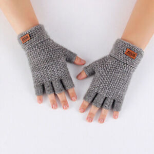 Men's Winter Wool Fingerless Gloves Thermal Knitted Half Finger Mitten Gift US