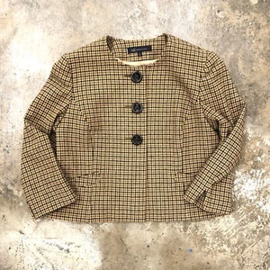 Anne Klein Tweed Check Blazer Jacket Wool Big Buttons Boxy Brown Beige 10 - Picture 1 of 6