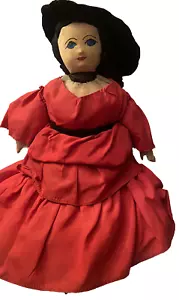 Primitive Folk Art Handmade Cloth Ragdoll Doll 19” Red Dress Black Hat - Picture 1 of 11