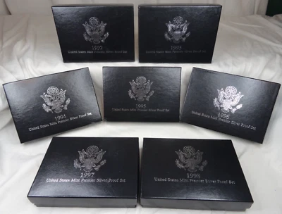 1992-1998 US Mint Premier Silver Proof Sets 90% Silver OGP COA 7 Annual Sets - Image 1 of 4