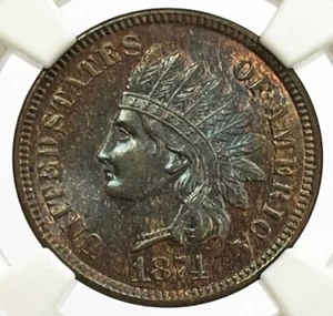 1874 UNITED STATES INDIAN HEAD CENT 1C COIN NGC MINT STATE 65 BROWN - Picture 1 of 4