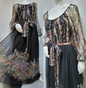 Vintage 1970's Black Floral Chiffon MAXI DRESS with Tie Belt - Size S/M - Picture 1 of 13