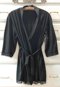 Hype SzL V-neck Wrap Blouse Lace Trim Black Top 3/4 Sleeve Side Pockets Belted  - Picture 1 of 8