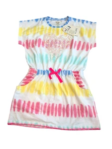 NWT Hatley Sunset Rainbow Tie Dye Sequin Heart Short Sleeve Dress Girls Size 7 - Picture 1 of 7