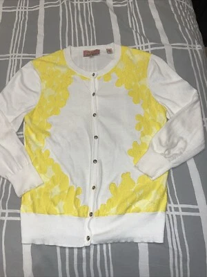 Ted Baker Cardigan Sweater Womens Sz 1 Yellow WhiteButton Up Floral Lace - Image 1 of 4