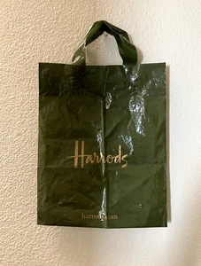 HARRODS green gold text small plastic shopping bag - Picture 1 of 6