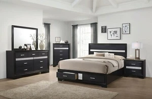 GLITTERY 4 PC BLACK 3D FOIL QUEEN STORAGE N/S DRESSER BED BEDROOM FURNITURE SET - Picture 1 of 6