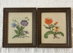Vintage Set/2 Crewel Nadelspitze Stickerei gerahmte Bilder orange lila 10”x12” - Bild 1 von 9