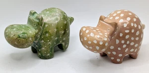 Lot of 2 Hand Carved Soapstone Hippo Hippopotamus Heavy Figures Green & Tan - Picture 1 of 11
