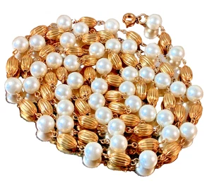 52" Vintage Faux Pearl Gold Tone Ribbed Oval Rosary Beads Long Chain Necklace - Picture 1 of 6