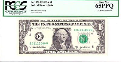 2003-A $1 FRN PCGS Gem New 65PPQ Fancy TRUE 0/1 BINARY Serial #E01111000B - Image 1 of 2