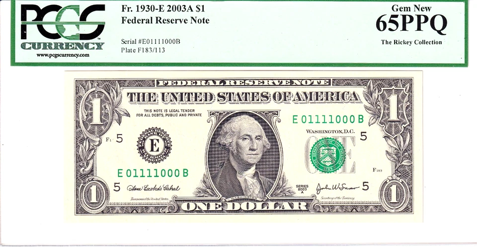 2003-A $1 FRN PCGS Gem New 65PPQ Fancy TRUE 0/1 BINARY Serial #E01111000B - Image 1 of 2