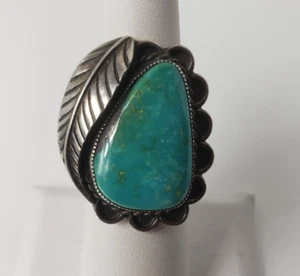 Native American NA Ring Sz 6.75 Natural Turquoise .925 Sterling Navajo Design - Picture 1 of 9