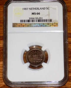 1907 Netherlands 5C 5 Five Cents NGC MS66 HIGH GRADE UNCIRCULATED DUTCH COIN - Picture 1 of 4