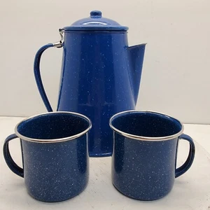 Blue Enamel Tin Coffee Pot And Cups - Picture 1 of 11