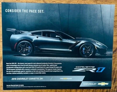 Folleto de tarjeta de información fotográfica original nuevo Chevrolet Corvette ZR1 2019 Foto 1 de 2