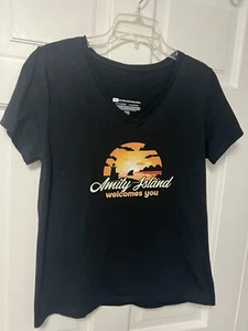 Womens Amity Island Welcomes You Sunset Jaws V-Neck T-Shirt Black - Sz M - Picture 1 of 5