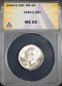 1945-S 25c Silver Washington Quarter MS 65 ANACS # 7692481 + Bonus - Picture 1 of 2