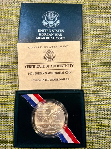 Korean War Memorial US Mint 1991 D 90% Silver Dollar Uncirculated $1 Coin COA Cover