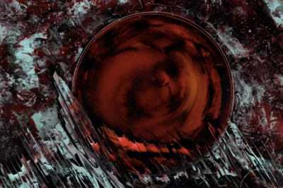 Pintura de una luna granate y cripta azul arte rupestre firmado por el artista Jason Girard Foto 1 de 3